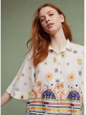 Maeve Anthropologie Elliot Popover Swing Blouse Graphic Bright Summer Cotton